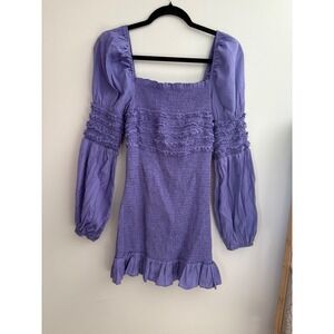 DO+BE Purple Mini Dress‎ Size Med Long Sleeve Smocked Ruffle Square Neck Party